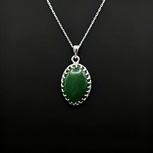 Sterling Silver and Green Jade Cabochon Pendant Necklace on 925 Sterling Chain